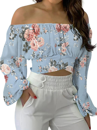 Flora Print Off Shoulder Crop Blouse, Elegant Tie Back Lantern Sleeve Blouse For Spring & Fall, Women's Clothing
