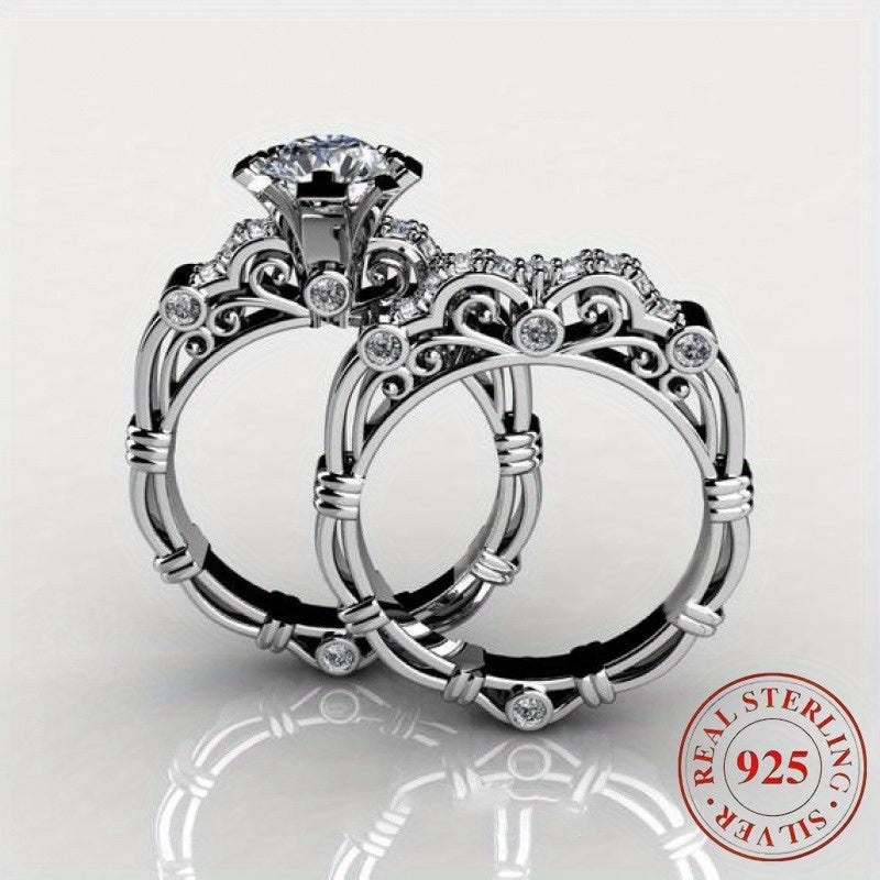 2pcs of 925 Silver Engagement and Wedding Ring Sets, Couple Ring Sets, Women's Couple Ring Sets