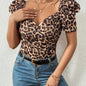 Chic Leopard Print Blouse with Puff Sleeves - Sexy Sweetheart Neck, Polyester Knit, Machine Washable - Ideal for Spring/Summer/Fall Fashion