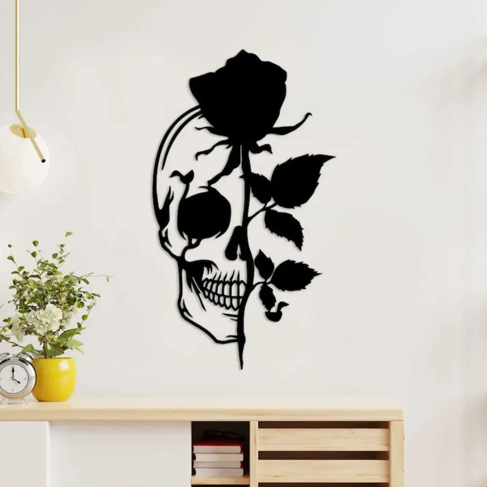 Stainless Sugar Skull Decor - Gothic Metal Wall Art with Intricate Floral & Bone Design, Mexican Day of the Dead (Día de los Muertos) Sign, Retro Gothic Home & Party Decoration for Altars, Collectors - Ornate Skull Sculpture