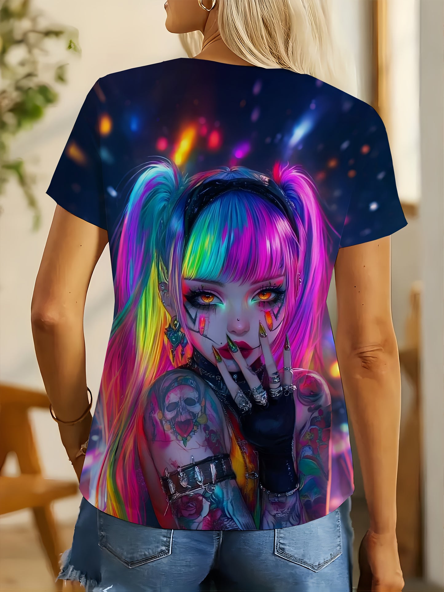 One Piece Round Neck Women'S Short Sleeved Printed T-Shirt | Full Neon Cyber Illustration, Contrasting Hairstyles, Eye-Catching, Avant-Garde Style, Trendy and Cool Attitude, Comfortable Fabric, Suitable for Spring, Summer, Au