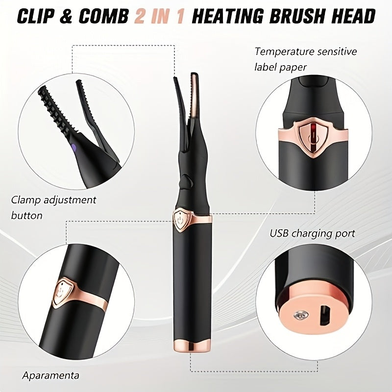 Heated Eyelash Curler USB- 2-in-1 with Comb & Clip-Type/Comb Attachment - 3  Settings, Long-Lasting Curling for Volume/Definition, USB-Rechargeable Lash Curler (Compatible with USB-Ports) - Women's Beauty Gift