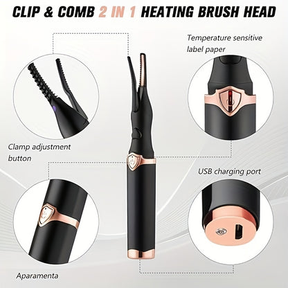 Heated Eyelash Curler USB- 2-in-1 with Comb & Clip-Type/Comb Attachment - 3  Settings, Long-Lasting Curling for Volume/Definition, USB-Rechargeable Lash Curler (Compatible with USB-Ports) - Women's Beauty Gift