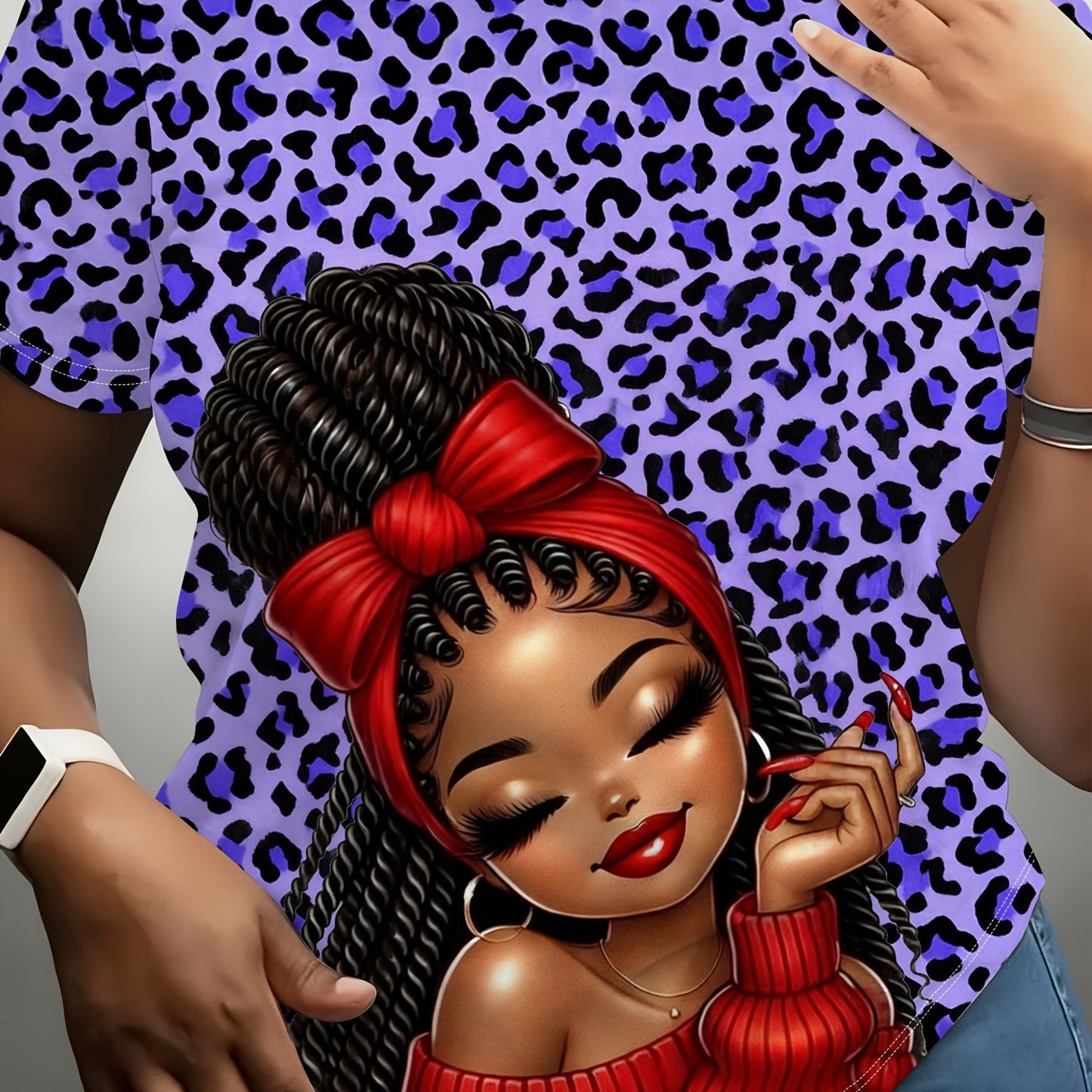 Ladies' Digital Printed Short Sleeved Shirt, Artistic Style "leopard Print Trendy " Themed Printed Short Sleeved T-shirt, Plus Size Ladies' Casual Round Neck T-shirt, The Picture Shows A Unique Style Of Trendy Image, Fully Pr