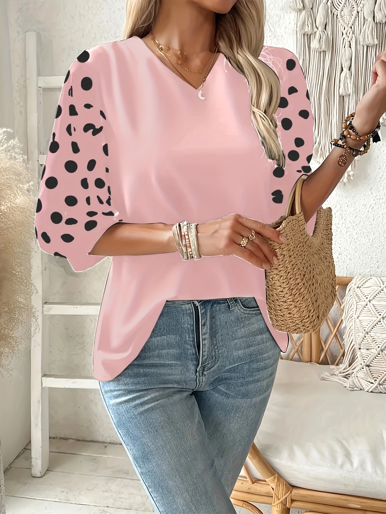 [Elegant Blouse] Lightweight Breathable Plus Size Women's Elegant V-Neck Blouse | Black & White Polka Dot Contrast Sleeve Top, Machine Washable Spring Summer Casual & Formal Shirt