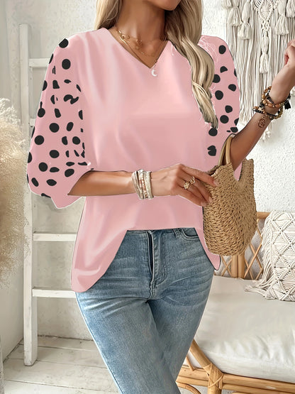 [Elegant Blouse] Lightweight Breathable Plus Size Women's Elegant V-Neck Blouse | Black & White Polka Dot Contrast Sleeve Top, Machine Washable Spring Summer Casual & Formal Shirt
