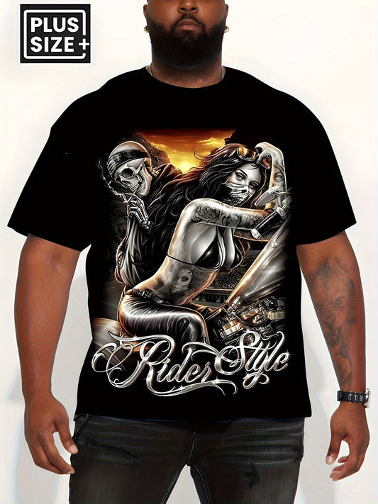 Men's Big & Tall Motorcycle Rider Graphic T-Shirt - Stretch Comfort Fit Tee with Sleeve Prints - Breathable Spandex Shirt for Motorcycle Enthusiasts - Machine Washable Biker Apparel (Plus Size Clothing), Casual Summer Wear, S
