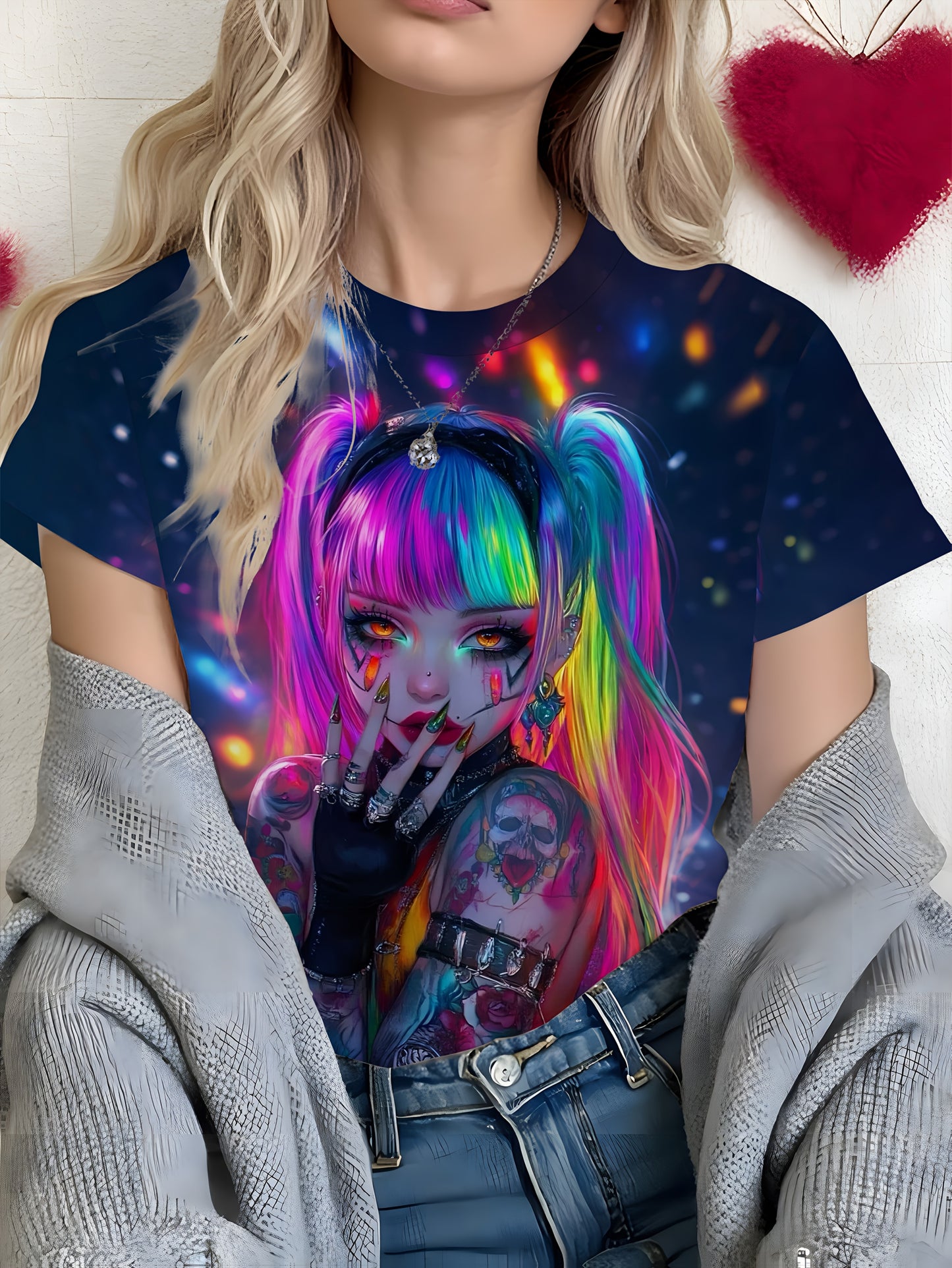One Piece Round Neck Women'S Short Sleeved Printed T-Shirt | Full Neon Cyber Illustration, Contrasting Hairstyles, Eye-Catching, Avant-Garde Style, Trendy and Cool Attitude, Comfortable Fabric, Suitable for Spring, Summer, Au
