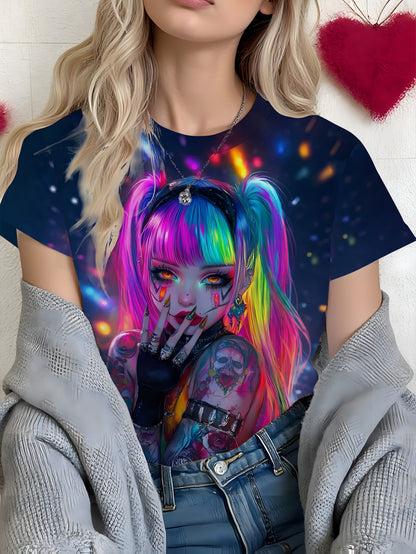 One Piece Round Neck Women'S Short Sleeved Printed T-Shirt | Full Neon Cyber Illustration, Contrasting Hairstyles, Eye-Catching, Avant-Garde Style, Trendy and Cool Attitude, Comfortable Fabric, Suitable for Spring, Summer, Au