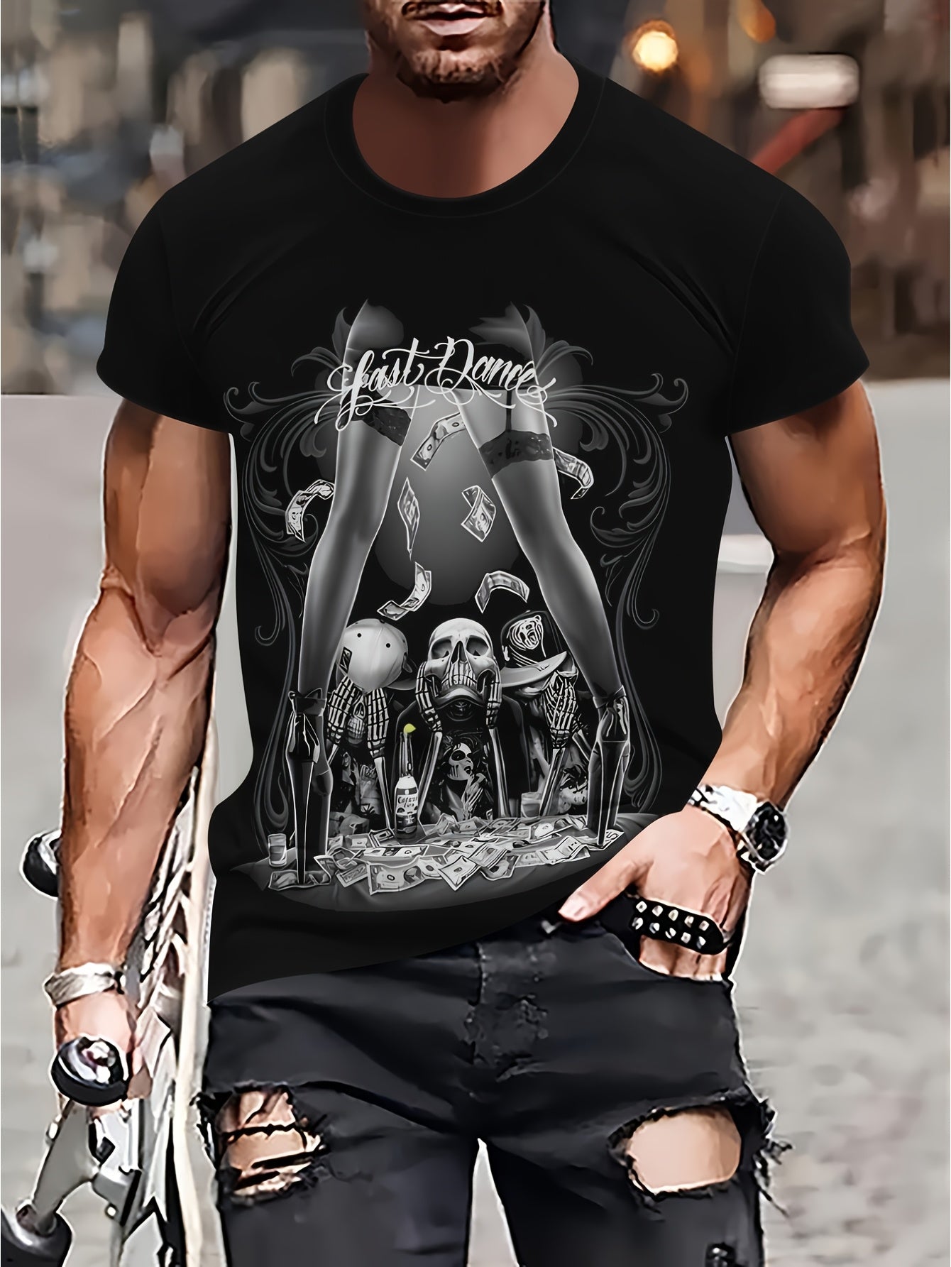 Men's 100% Cotton Gothic Skull & Religious Symbol T-Shirt - Y2K Streetwear Dark Aesthetic Top with Round Neck, Machine Washable Casual Wear Suitable for Year-Round Edgy Outfits