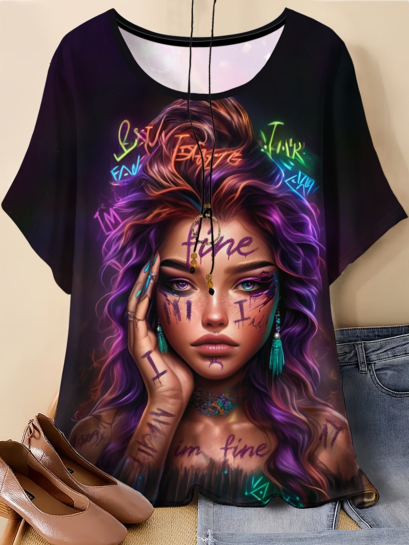 Women's Plus Size Tummy-Control Short Sleeve T-Shirt with Tattoo Print - Soft Stretch Fabric, Plus Size Friendly for all-Season Casual & Party Wear - Machine Washable Round Neck Top