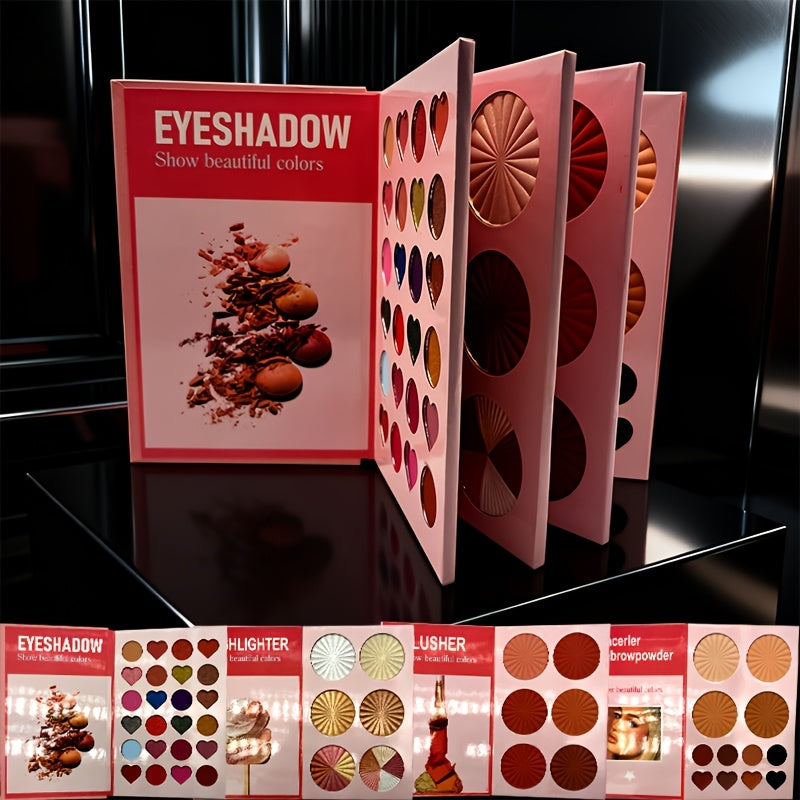 4 Pages Super Full Color Makeup In One Plate Powder Star Book Eyeshadow Plate Containing Eyeshadow + Highlights + Blush + EyebrowMagnetic Eyelashes Eyelash Curler, Lip Liner, Eyelash Clusters, Eyebrow Pencil, Hand Sanitizer S