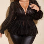 Elegant Plus Size Black V-Neck Blouse with Fringe Detail - Long Sleeve, Semi-Sheer Polyester, Perfect for Spring/Fall Fashion, Semiformal Attire | Sophisticated Style | Polyester Fabric