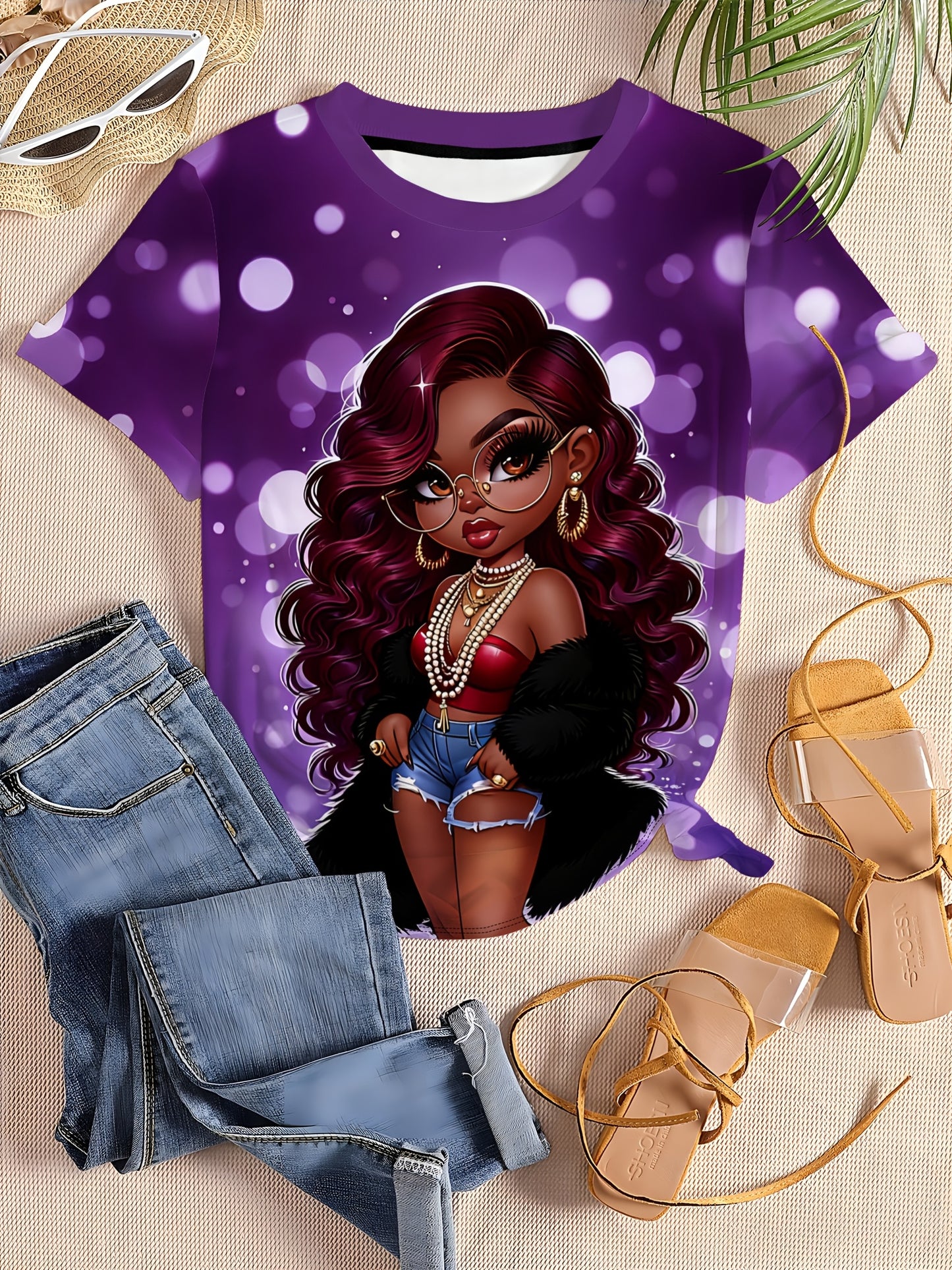 Plus-size Women'S T-shirt in Purple Tones | Trendy and Cool Style, Fully Printed, Crew Neck, Short Sleeves, Soft and Comfortable Fabric, Machine Washable, Suitable for Casual Wear in All Seasons or as a Gift