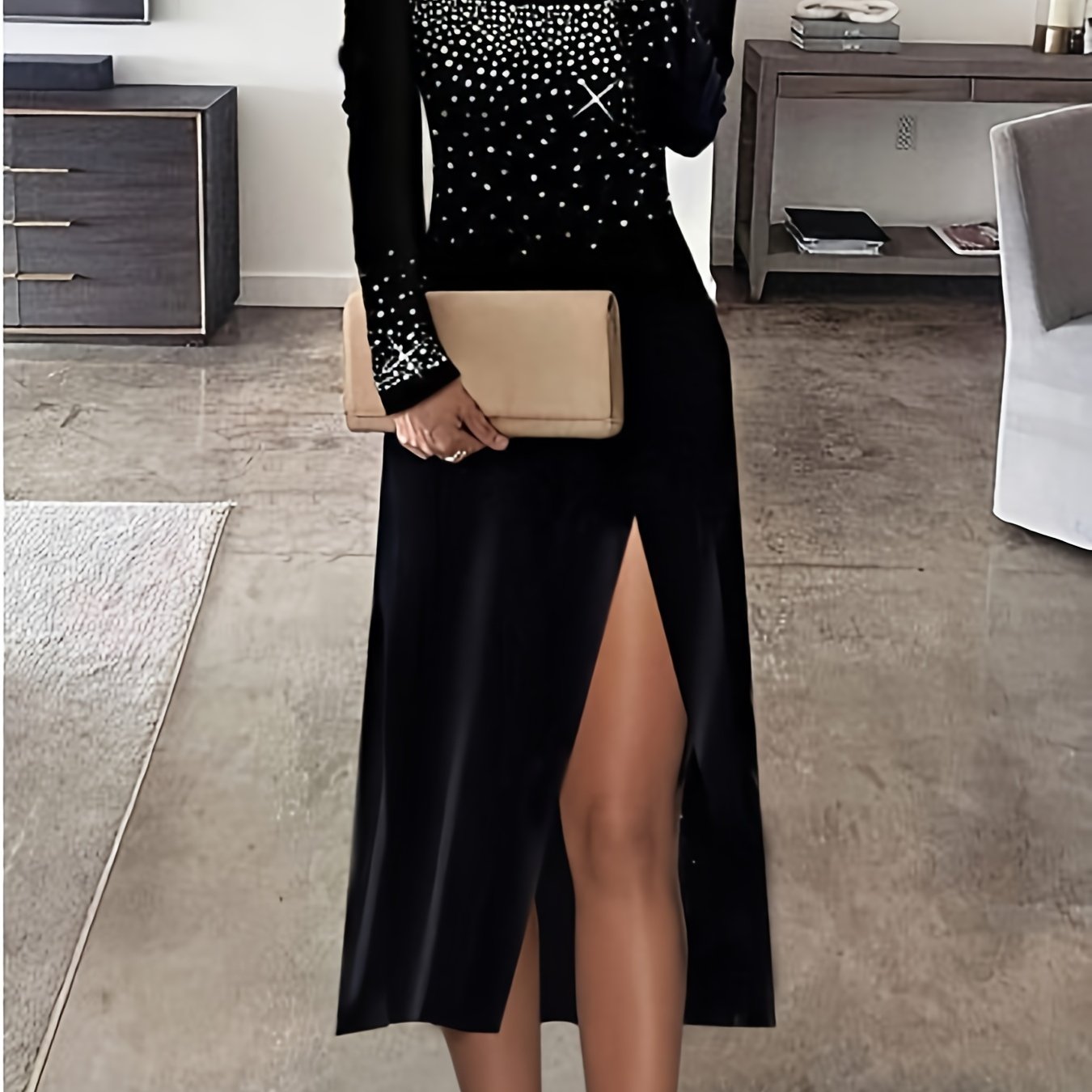 [Elegant Rhinestone Dress] Rhinestone Cold Shoulder Dress, Elegant Long Sleeve Split Dress, Women's Clothing
