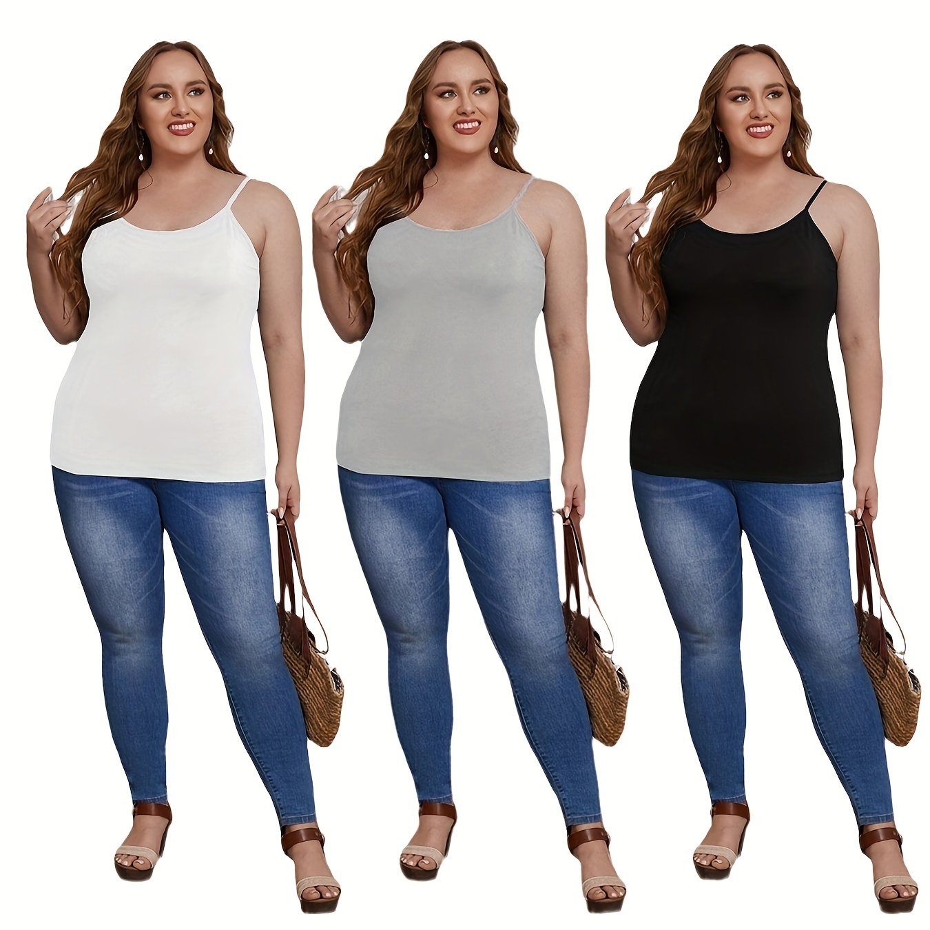 3 Pack Plus Size Basic Cami Top Set, Women's Plus Plain Round Neck Medium Stretch 3pcs Cami Top Set