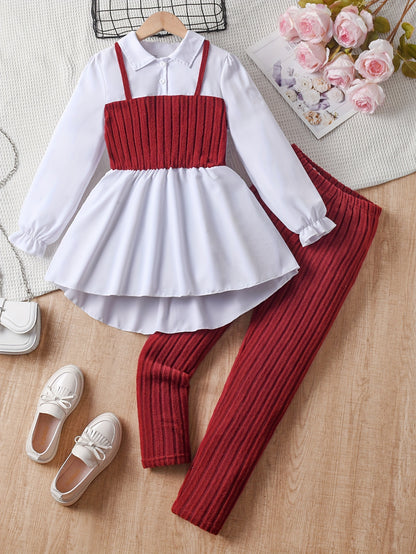 2pcs Solid Color Elegant Long-Sleeve Blouse Top + Comfy Slim Pants Set - Stylish & Casual Outfit for Girls Spring Fall Outdoor Gift