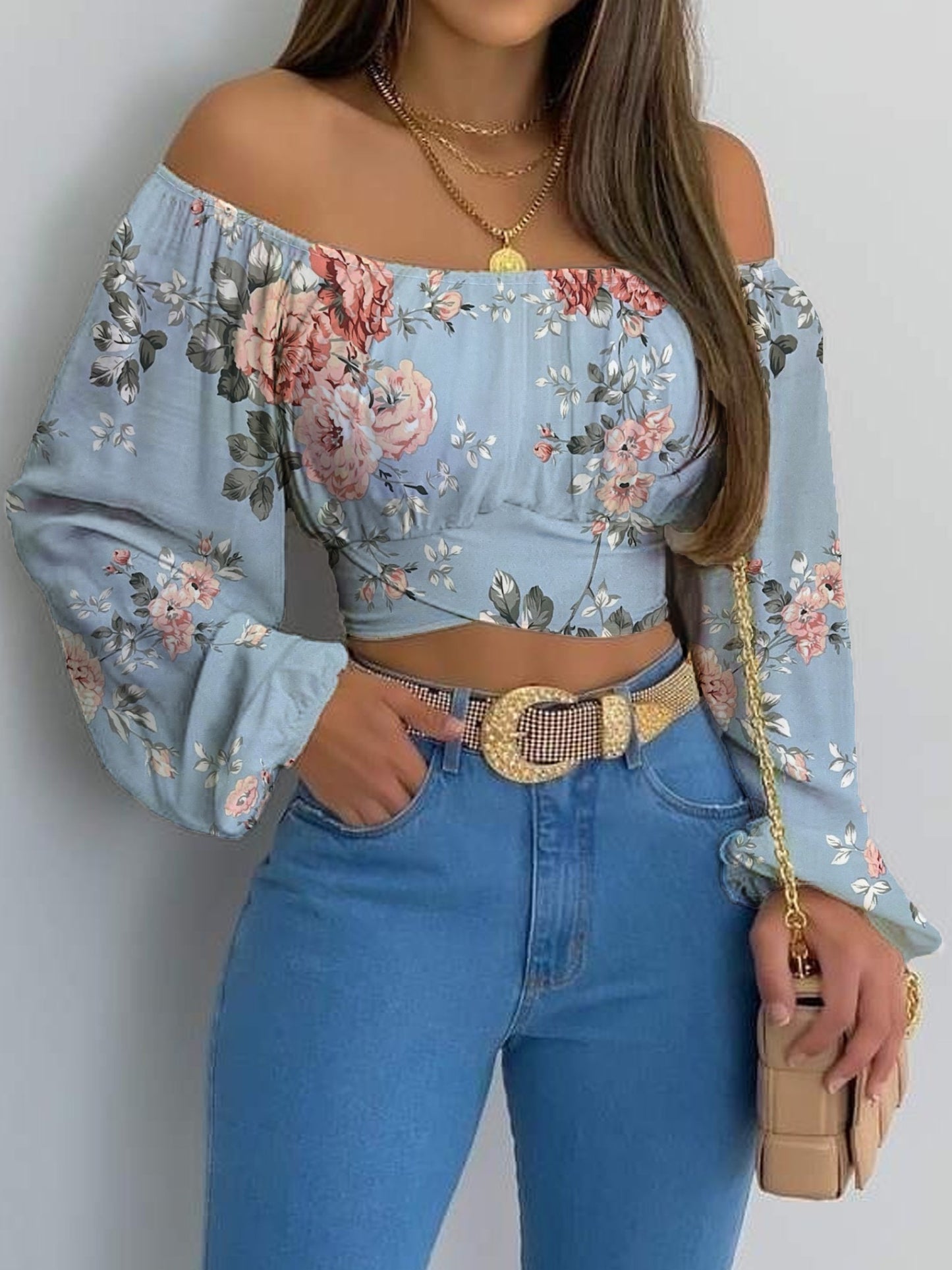Flora Print Off Shoulder Crop Blouse, Elegant Tie Back Lantern Sleeve Blouse For Spring & Fall, Women's Clothing