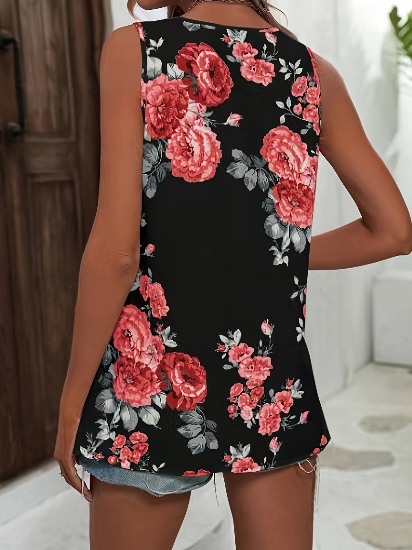 Chic Floral Print V-Neck Blouse - Stylish Sleeveless Top for Spring & Summer - Breathable Casual Wear for Women