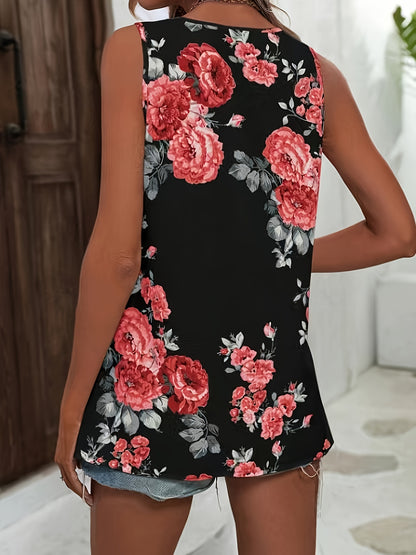 Chic Floral Print V-Neck Blouse - Stylish Sleeveless Top for Spring & Summer - Breathable Casual Wear for Women