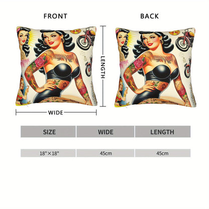 BIIHUDU Hot Tattooed Pin Up Throw Pillowcase - Vibrant Contemporary Design with Zipper Closure, Machine Washable Polyester Cushion Cover for Sofa Decor, Decorative Pillows