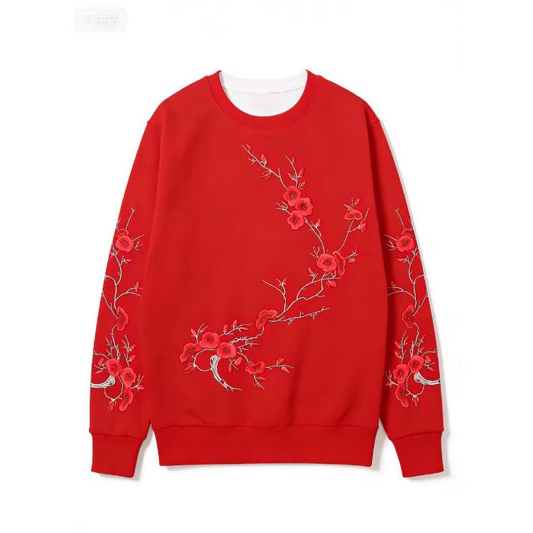 Black-base Red Plum Blossom Branch Print Loose-fitting Crewneck Sweatshirt