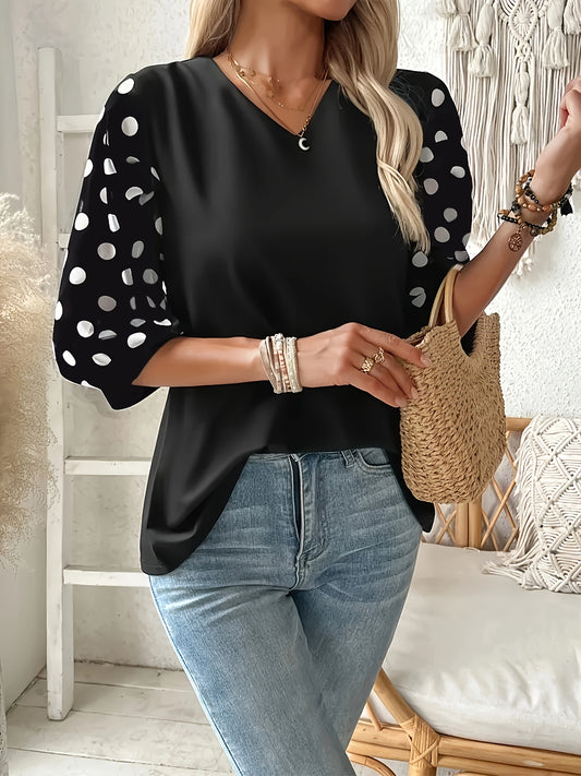 [Elegant Blouse] Lightweight Breathable Plus Size Women's Elegant V-Neck Blouse | Black & White Polka Dot Contrast Sleeve Top, Machine Washable Spring Summer Casual & Formal Shirt
