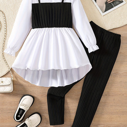 2pcs Solid Color Elegant Long-Sleeve Blouse Top + Comfy Slim Pants Set - Stylish & Casual Outfit for Girls Spring Fall Outdoor Gift