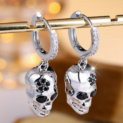 Gothic Chic Skull Dangle Earrings - Hypoallergenic Nickel-Free Copper, Sparkling Cubic Synthetic Zirconia Accents, Perfect for Halloween Parties, Casual Daily Wear, and Goth Fashion Enthusiasts