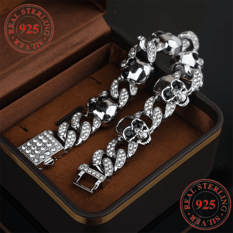 1pc 925 Silver Punk-Style Skull Bracelet | Gothic Jewelry, Avant-Garde Universal Design, Halloween Accessory, Creative Skull Pattern, Durable, Suitable for Party and Banquet Occasions