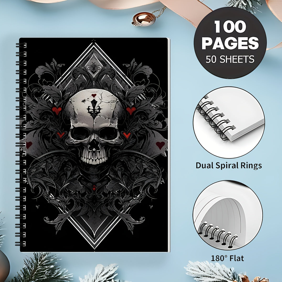 Gothic Skull Spiral Notebook with Red Heart & Ornate Gothic Symbols - Dark Aesthetic Hard Cover Journal, Perforated Pages & Horizontal Ruled Paper for Art, Gothic Diary, Sketchbook - Ideal for, s, Dark Theme Lovers