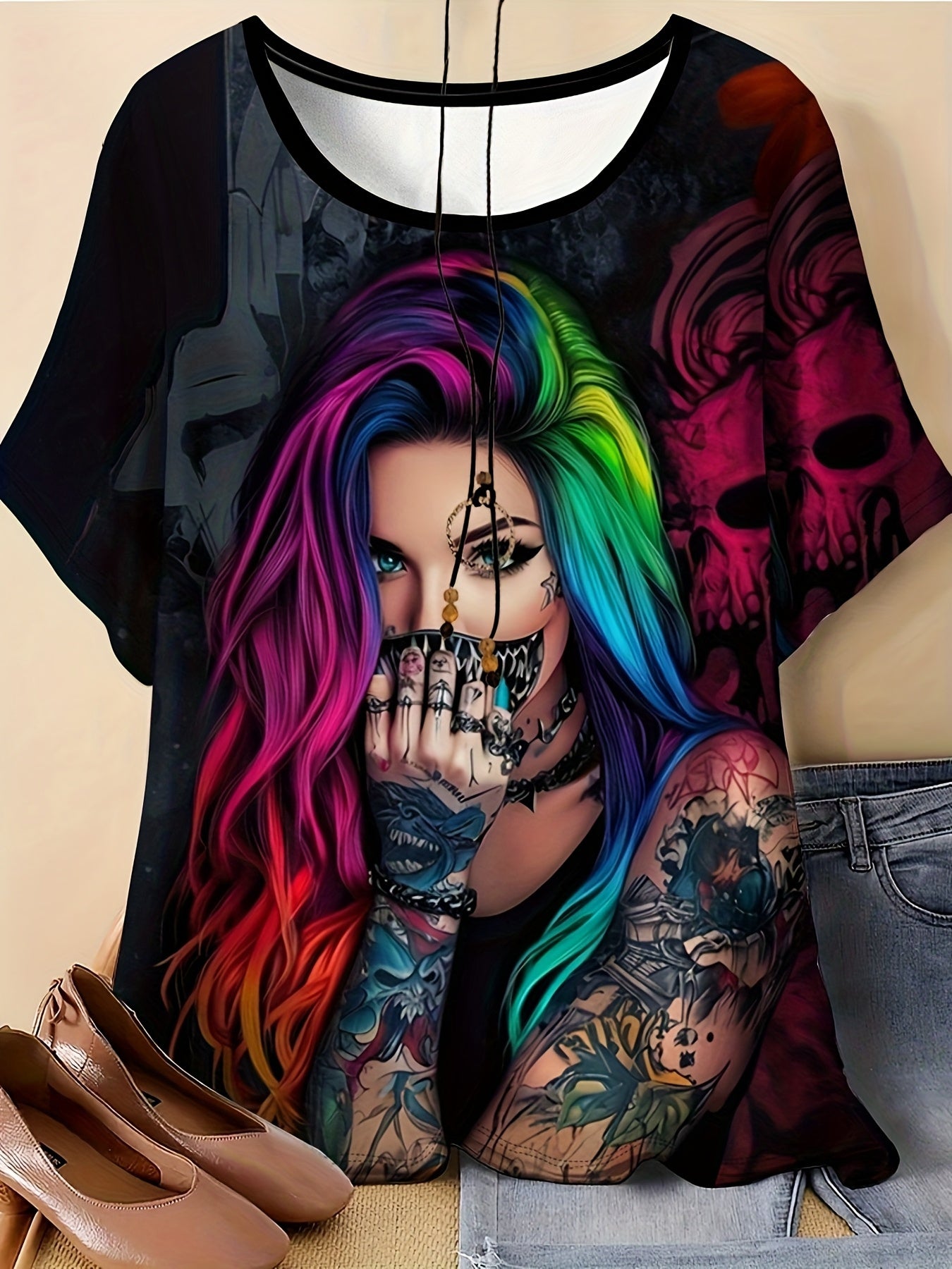 0XL-9XL Women's Plus Size Rainbow Punk Tattoo T-Shirt- Edgy Rebellious Full-Body Digital Print, Round Neck Short Sleeve Top Suitable for Concerts, Festivals& Casual Wear- Machine Washable Punk Aesthetic T-Shirt(Tattooed with