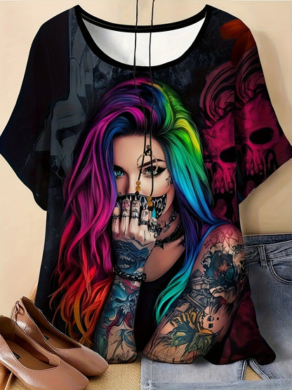 0XL-9XL Women's Plus Size Rainbow Punk Tattoo T-Shirt- Edgy Rebellious Full-Body Digital Print, Round Neck Short Sleeve Top Suitable for Concerts, Festivals& Casual Wear- Machine Washable Punk Aesthetic T-Shirt(Tattooed with