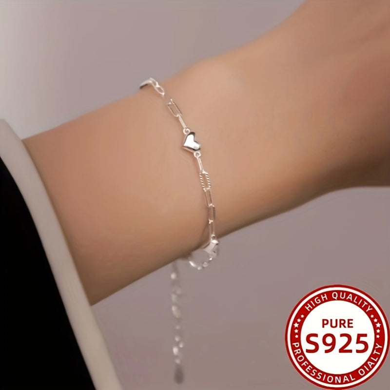 1pc Elegant 925 Sterling Silver Heart Charm Bracelet, Adjustable Anti-Allergy Sexy Chain Link Design Jewelry for Women, Party and Banquet Accessory