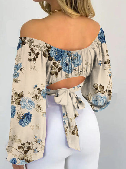 Flora Print Off Shoulder Crop Blouse, Elegant Tie Back Lantern Sleeve Blouse For Spring & Fall, Women's Clothing