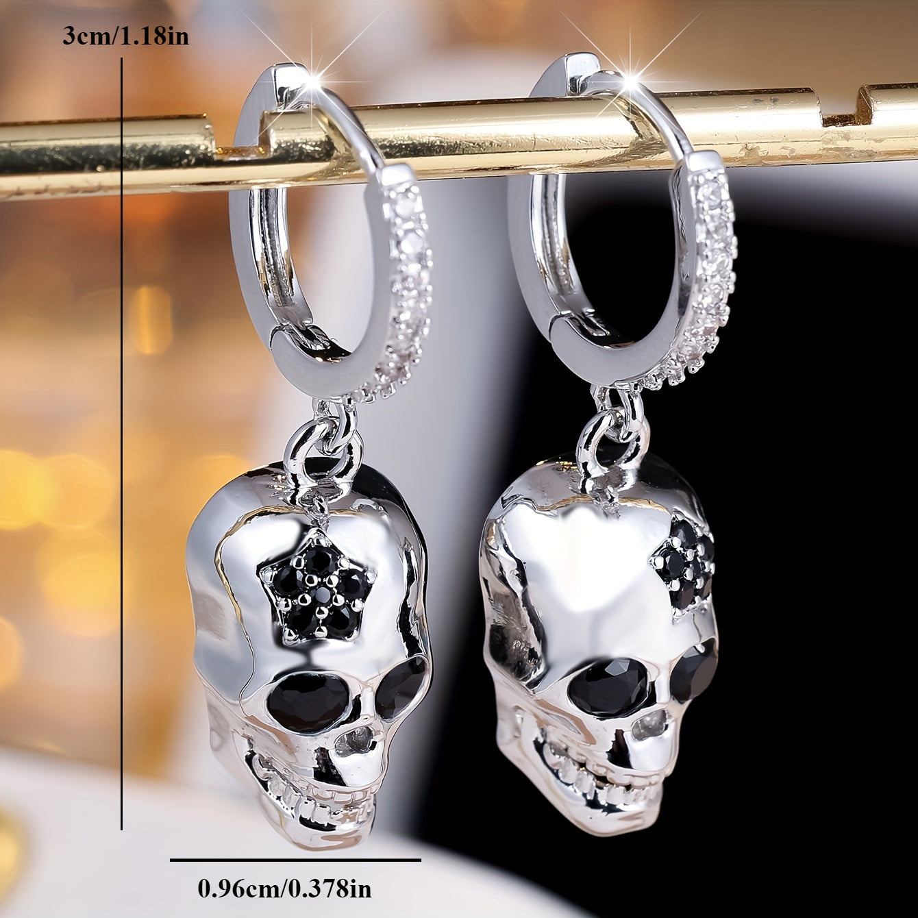 Gothic Chic Skull Dangle Earrings - Hypoallergenic Nickel-Free Copper, Sparkling Cubic Synthetic Zirconia Accents, Perfect for Halloween Parties, Casual Daily Wear, and Goth Fashion Enthusiasts