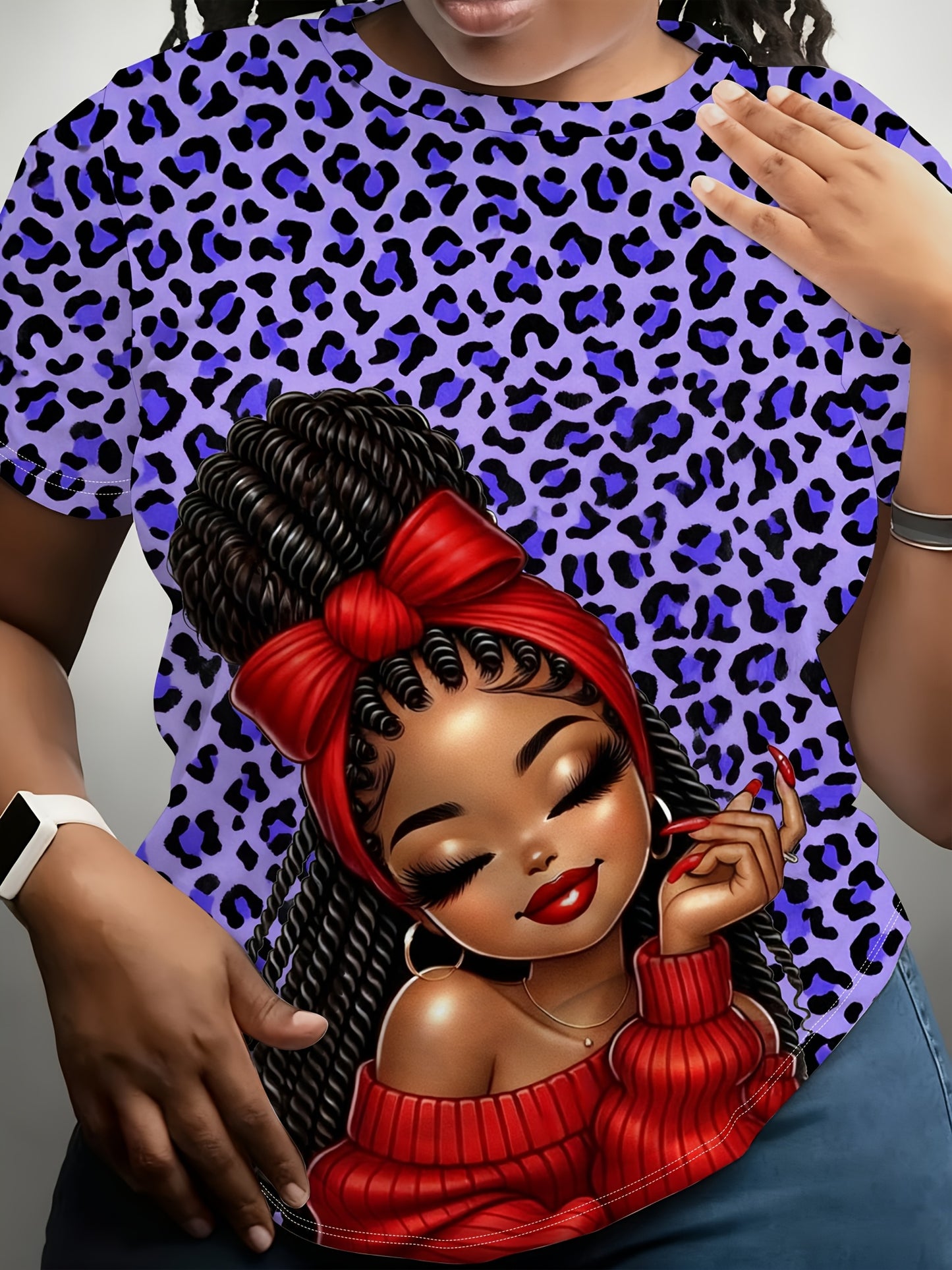 Ladies' Digital Printed Short Sleeved Shirt, Artistic Style "leopard Print Trendy " Themed Printed Short Sleeved T-shirt, Plus Size Ladies' Casual Round Neck T-shirt, The Picture Shows A Unique Style Of Trendy Image, Fully Pr