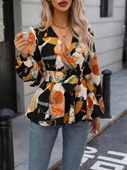 Floral Print Surplice Neck Blouse, Elegant Tie Waist Lantern Sleeve Blouse For Spring & Fall, Women's Clothing