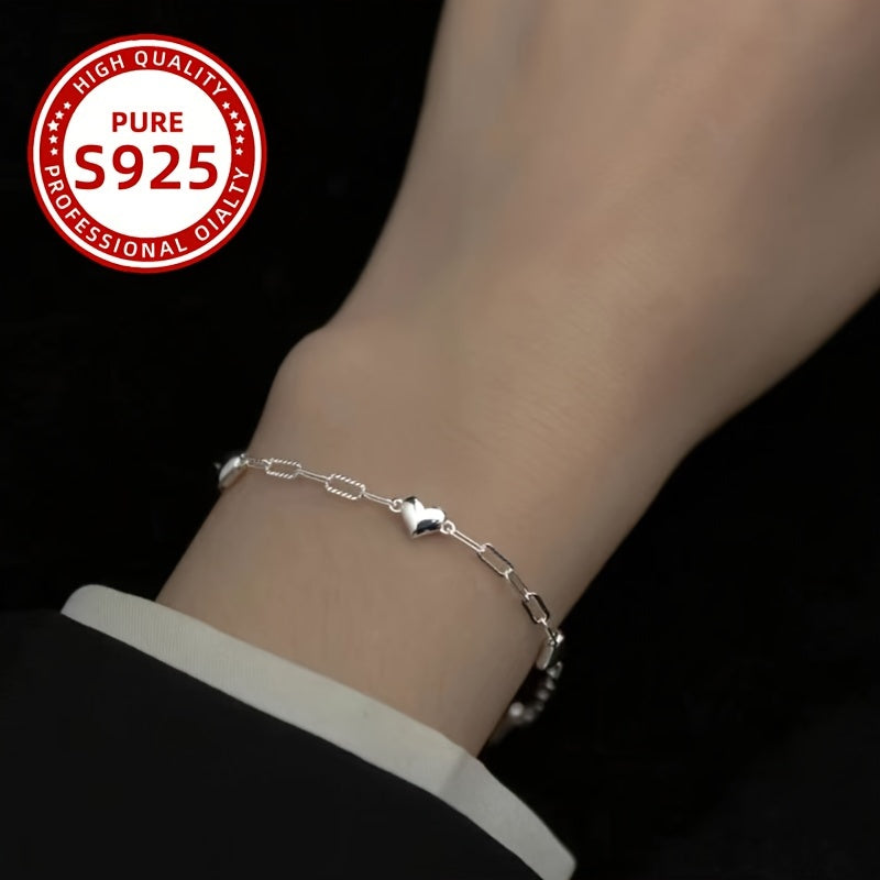 1pc Elegant 925 Sterling Silver Heart Charm Bracelet, Adjustable Anti-Allergy Sexy Chain Link Design Jewelry for Women, Party and Banquet Accessory