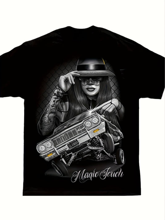 Mens DGA d Gonzales Magic Touch Lowrider Chicano Art T-Shirt | Mexican Folk Art Graphic Tee with Catrina & Lowrider Car Design, Soft Fit Casual Wear, Crew Neck, Short Sleeve, Medium Stretch Fabric, All-Season Wear.