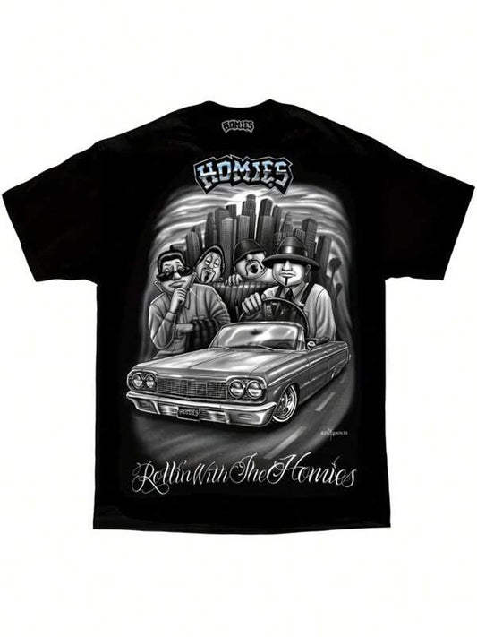 Urban HOMIES Graphic Tee - Black T-Shirt Featuring City Skyline and Classic Convertible Car Design, Bold 'HOMIES' Text, Cartoon Figures in Street Style Vibe, Relaxed Casual Wear - Perfect for Daily Outings, Street Style Enthu