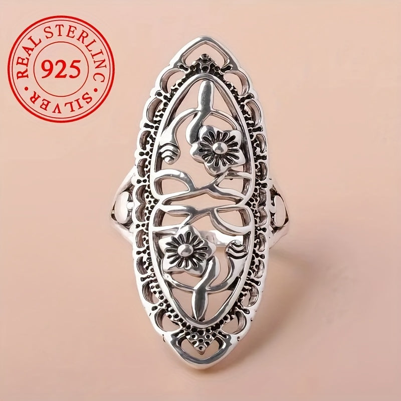 925 Sterling Silver Floral Carved Ring – Boho Retro Style for Daily Wear & Gift Giving