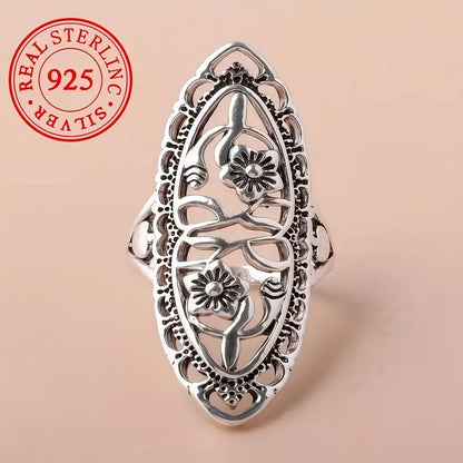 925 Sterling Silver Floral Carved Ring – Boho Retro Style for Daily Wear & Gift Giving