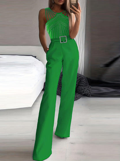 Rhinestone Embellished Wide Leg Jumpsuit - Sleeveless, Halter Neck, Slim Waist, Cut Out, Micro Elasticity, Polyester Fabric - Hand Wash, Summer Casual Wear for Women
