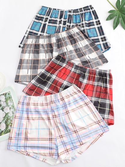 [4pcs Comfy Plaid Lounge Bottoms] 4pcs Plaid Print Lounge Bottoms, Casual & Comfy Elastic Waist Shorts, Women's Sleepwear & Loungewear