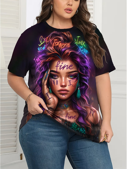 Women's Plus Size Tummy-Control Short Sleeve T-Shirt with Tattoo Print - Soft Stretch Fabric, Plus Size Friendly for all-Season Casual & Party Wear - Machine Washable Round Neck Top