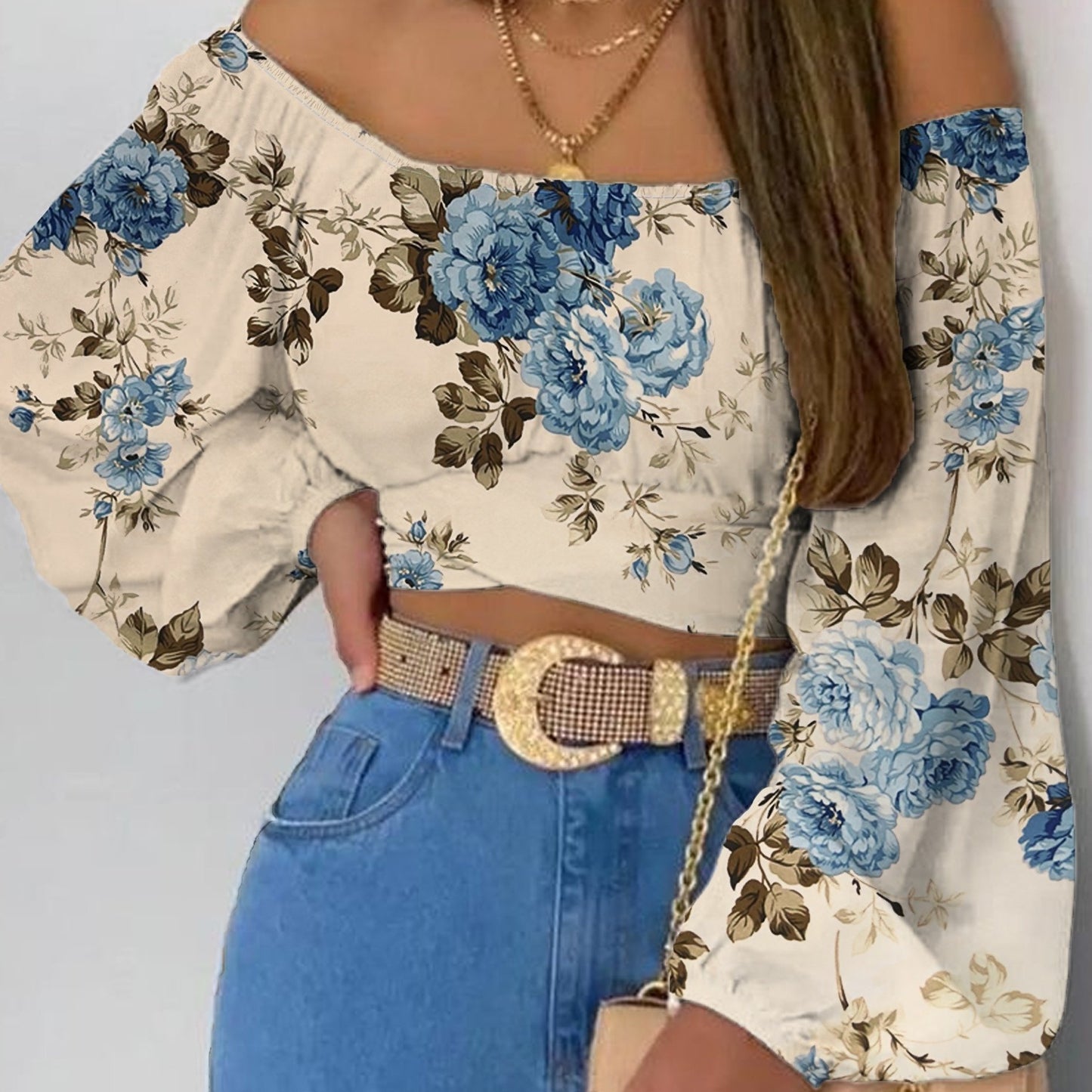 Flora Print Off Shoulder Crop Blouse, Elegant Tie Back Lantern Sleeve Blouse For Spring & Fall, Women's Clothing