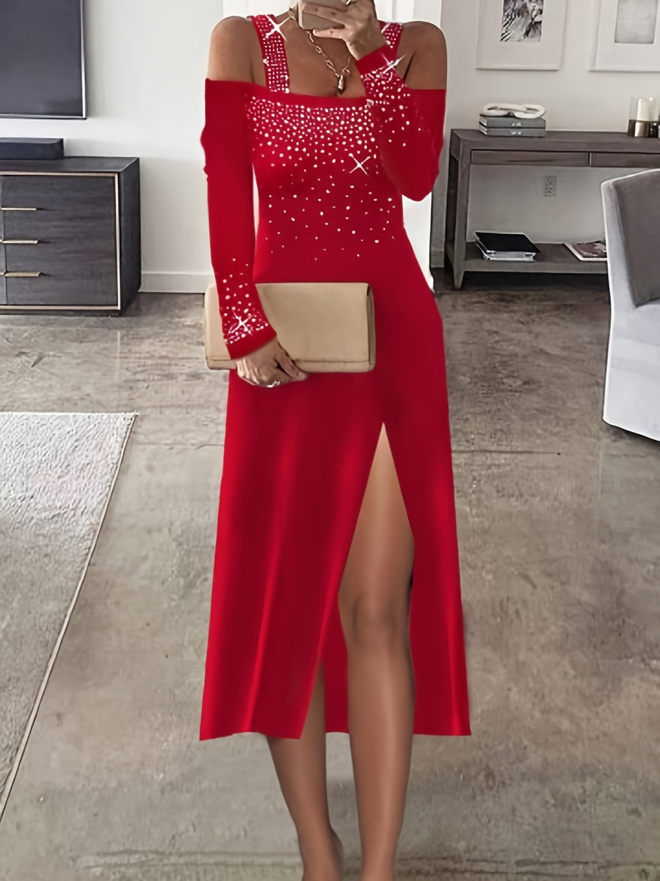 [Elegant Rhinestone Dress] Rhinestone Cold Shoulder Dress, Elegant Long Sleeve Split Dress, Women's Clothing