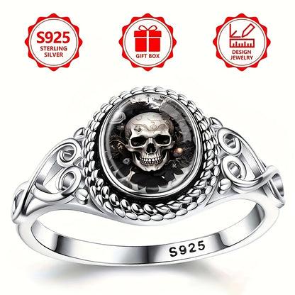 Silvery ring, stylish skull rose, black and white gothic bohemian engagement and wedding jewelry, oval shape, everyday gift, jewelry for all seasons | bohemian ring | durable metal ring, for Teenager