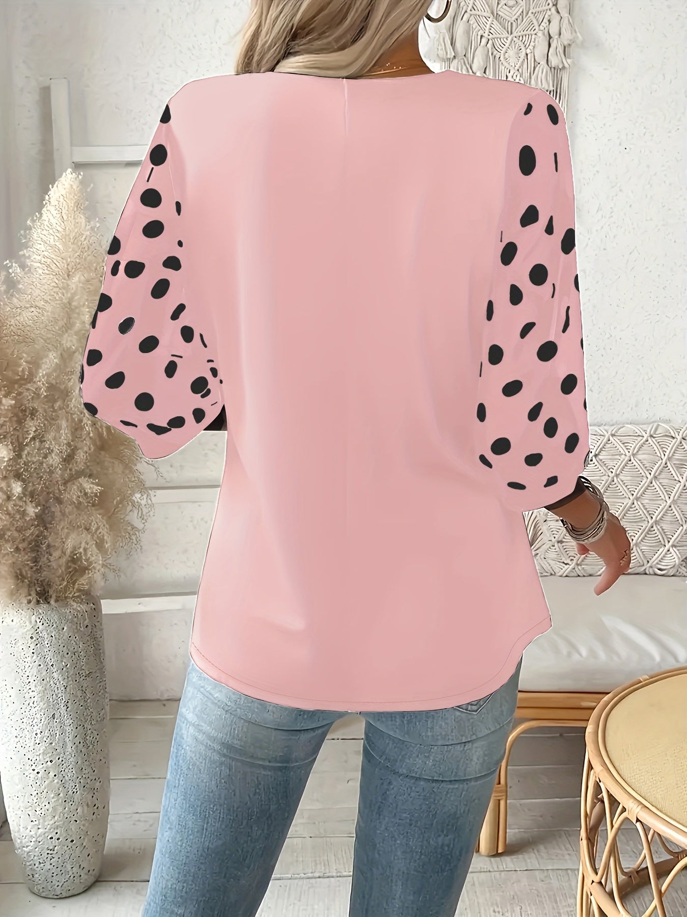 [Elegant Blouse] Lightweight Breathable Plus Size Women's Elegant V-Neck Blouse | Black & White Polka Dot Contrast Sleeve Top, Machine Washable Spring Summer Casual & Formal Shirt